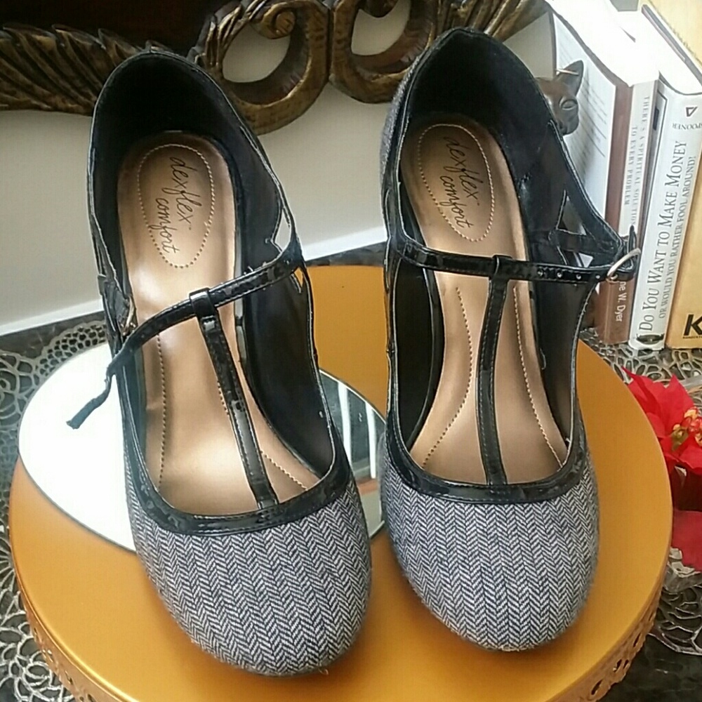 Textured Fabric Grey T-Strap Heels